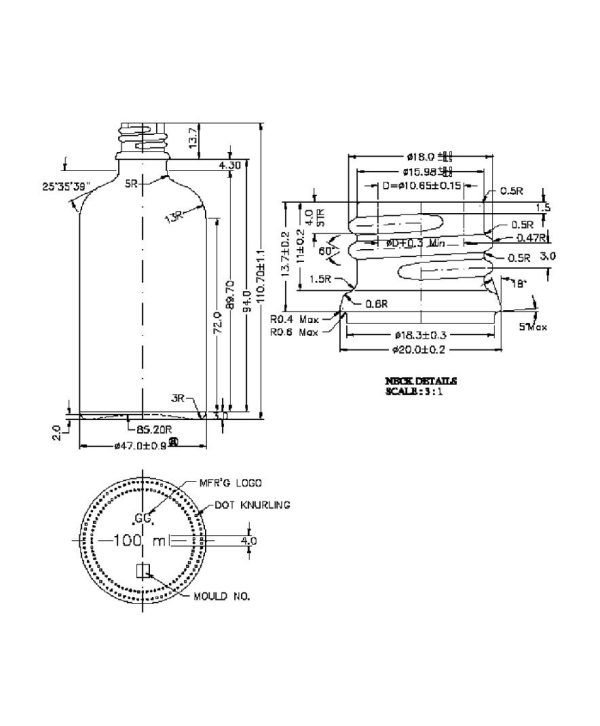 100 ml brun glas flaske - teknisk tegning