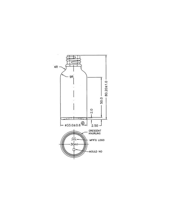 30 ml brun glas flaske - teknisk tegning