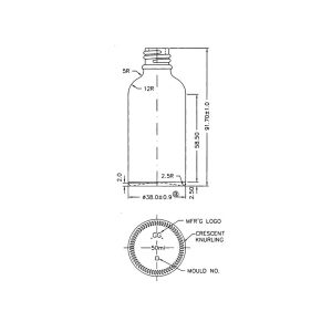 50 ml brun glas flaske - teknisk tegning