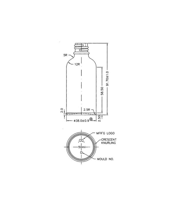 50 ml brun glas flaske - teknisk tegning