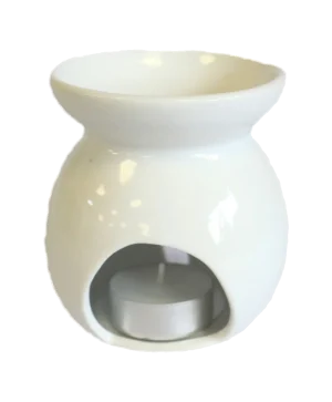 chleopatra duftlampe i hvid keramik med træmotiv