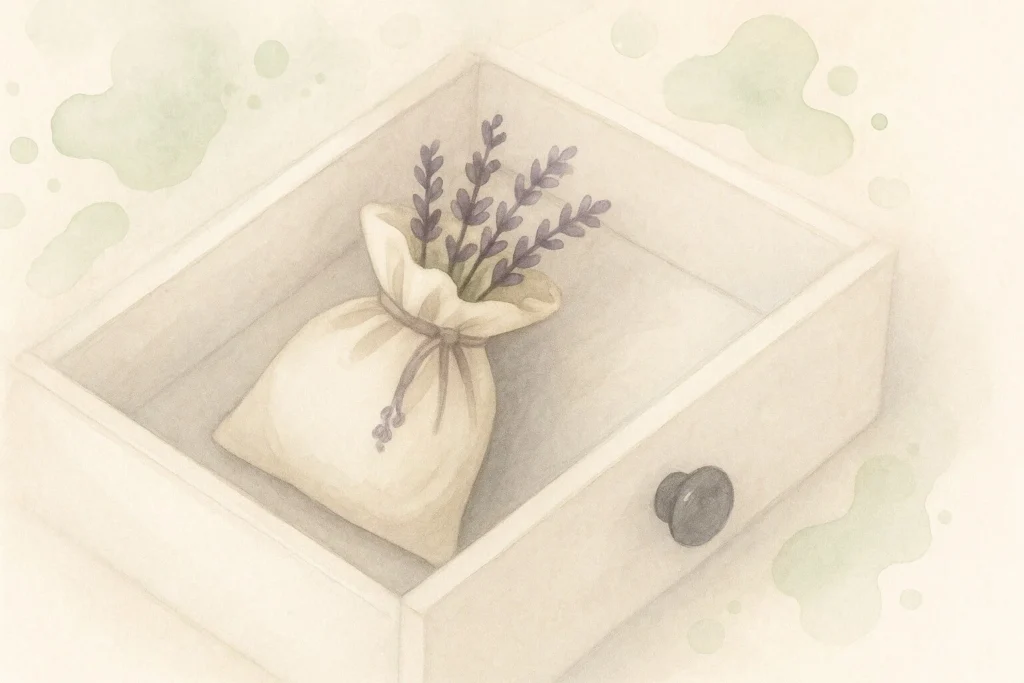 Lille stofpose med duftende urter i skuffe