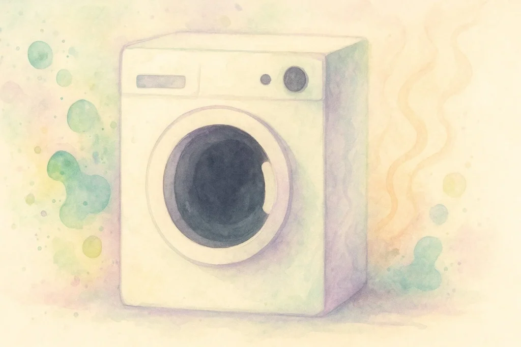 Vaskemaskine set i pastel med risikosymbolik