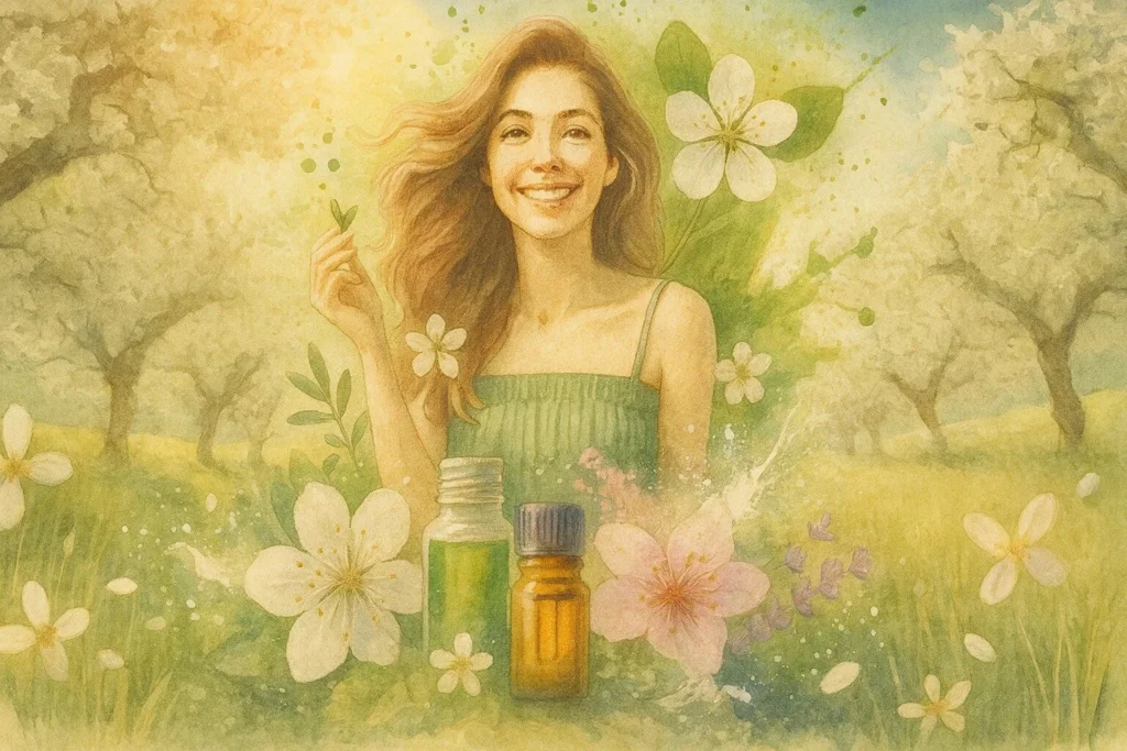 Glad kvinde med blomster og aeterisk olie