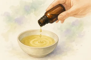 Hånd der forsigtigt hælder et par dråber æterisk olie i basisolien