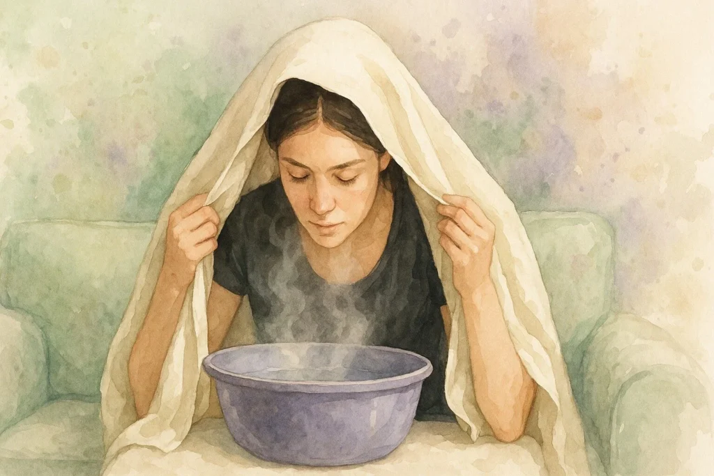 Kvinde med håndklæde over sig med varmt vand balje