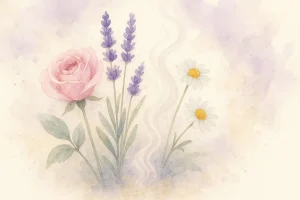 Delikate blomster (roser, lavendel, kamille) i dampende akvarel stil, som symboliserer destillation af æteriske olier