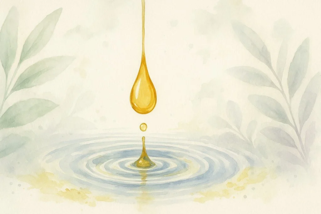 En elegant opstilling med en dråbe olie falder ned i en klar bærerolie‑pool