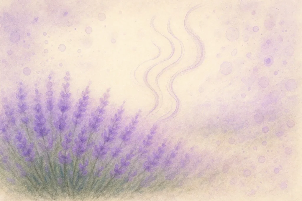 En pastelillustration i soft fokus af en lavendelmark med en blid bølge af duftlinjer