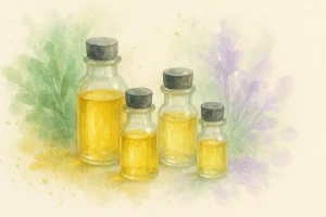 En serie af små glasflasker med gyldne olier, omgivet af grønne og lilla nuancer på en blød cremefarvet baggrund