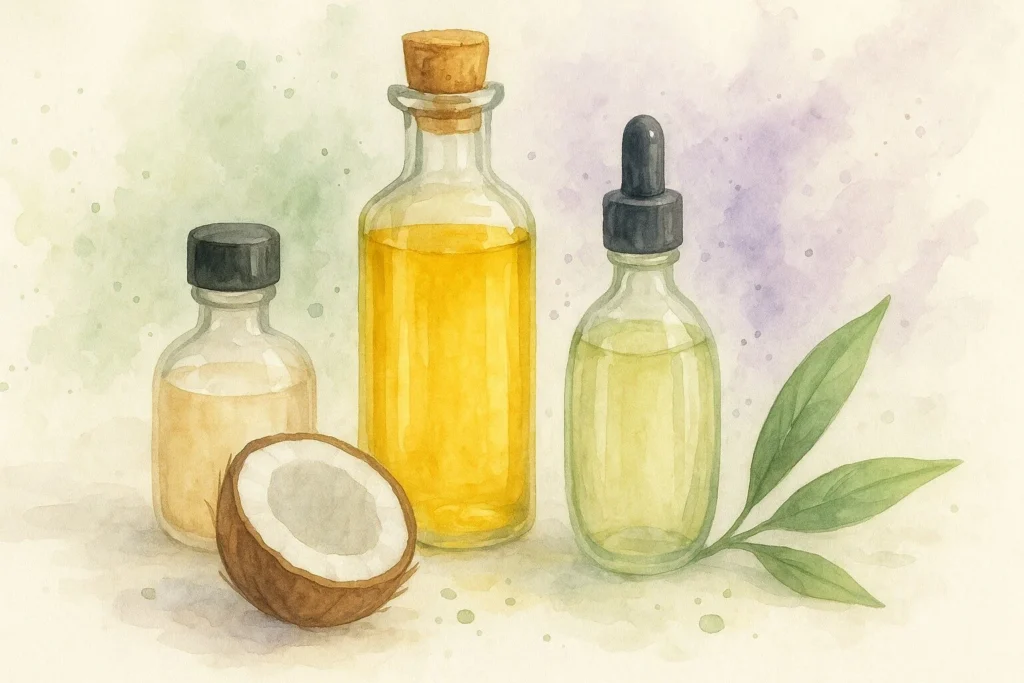 Flasker med forskellige vegetabilske olier (kokos, argan, jojoba) på en neutral overflade med små dråber og blade omkring