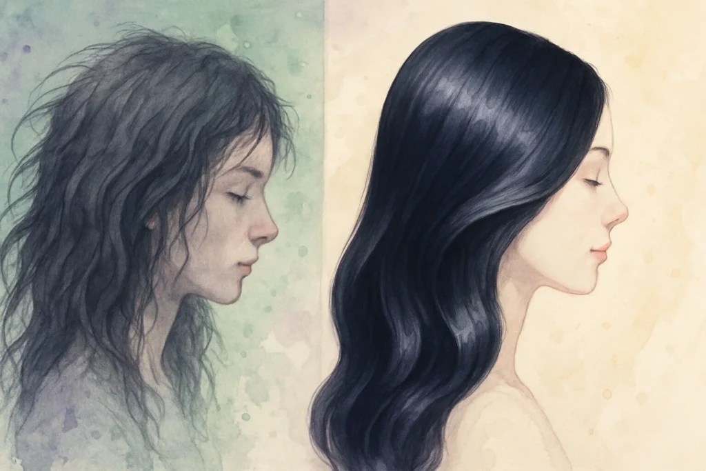 Hår før og efter oliepleje