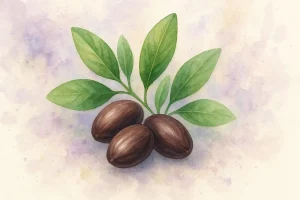 Jojobafrø og grønne blade omgivet af bløde pastelfarver