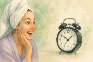 Kvinder der har håret bundet ind i et håndklæde, sidder og kigger intenst på et ur som bare tikker