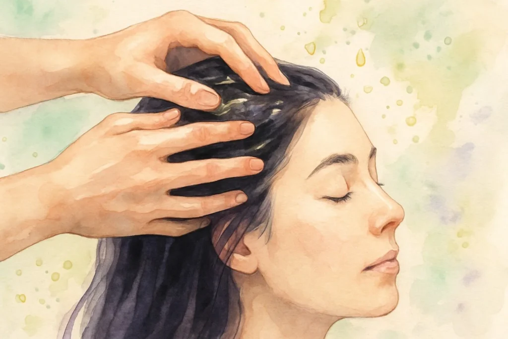 Nærbillede af hænder der masserer olie ind i hovedbunden på en rolig, naturlig baggrund