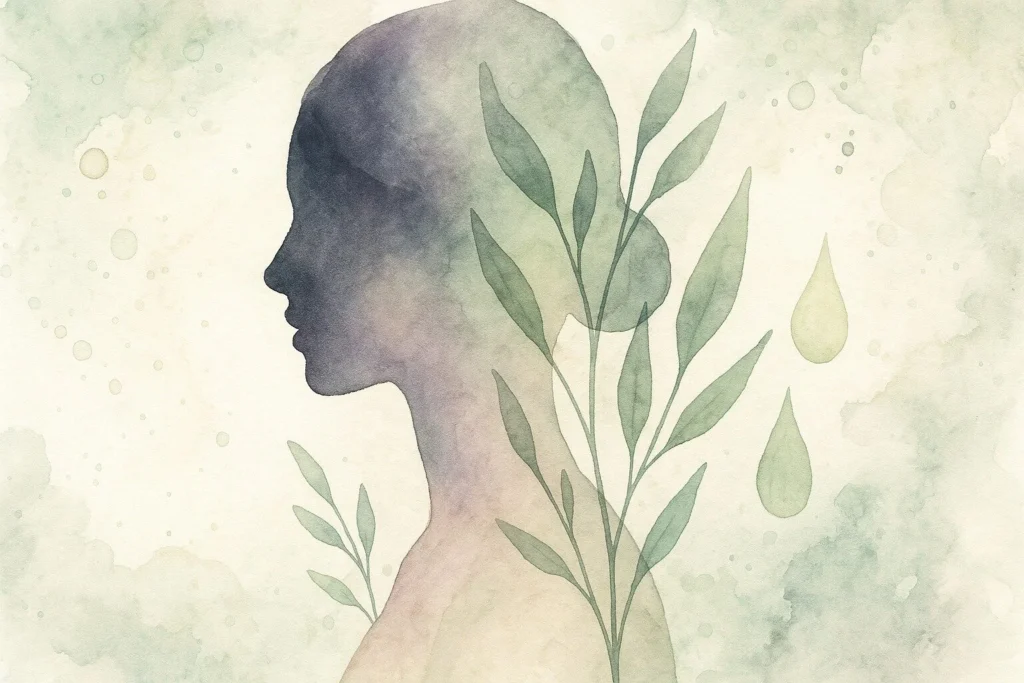 Silhuet af en kvinde i profil med subtile konturer af planter og oliedråber