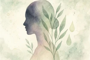 Silhuet af en kvinde i profil med subtile konturer af planter og oliedråber