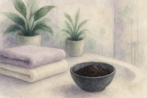 Badeværelsesmiljø med en rolig, naturlig stemning – håndklæder, en skål kaffegrums, planter i baggrunden