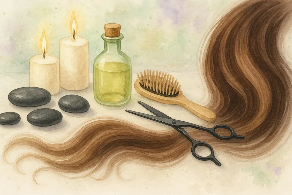 Bord fyldt med massagesten stearinlys, olie, udstyr til hår samt langt kvindehår