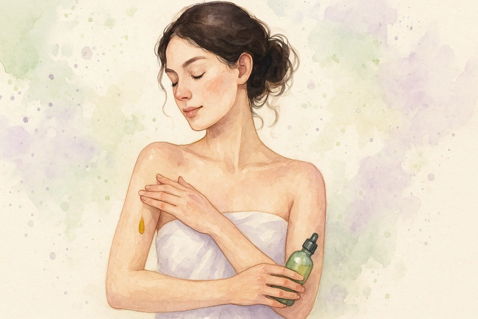 En kvinde der påfører olie til kroppen efter et bad