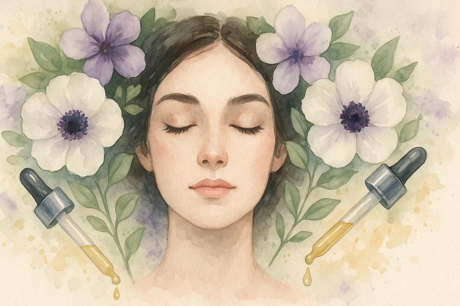 En kvindes ansigt i fokus, lukkede øjne omringet af blomster og pipetter med flydende olie