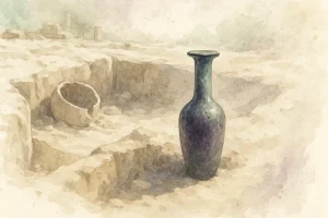 En udgravning i egypten, hvor der findes en gammel krukke, en parfume der er 2000 år gammel