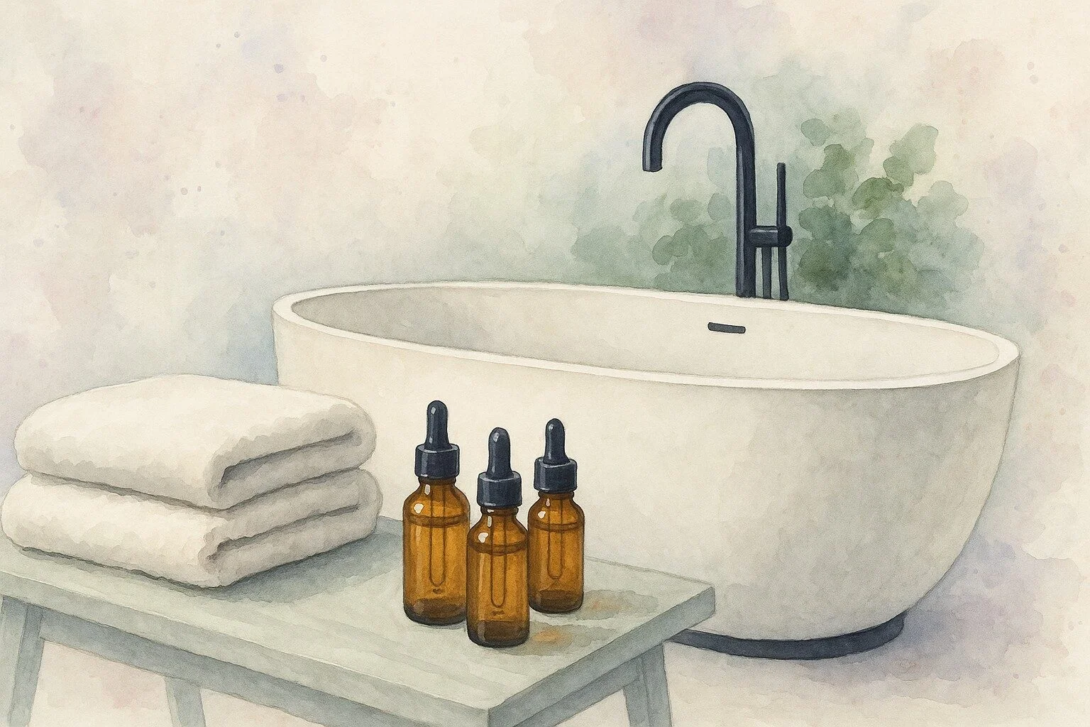 Et nordisk badeværelse i ro med håndklæder og et stort badekar klar til brug på et bord står tre olie i brune flasker med pipette