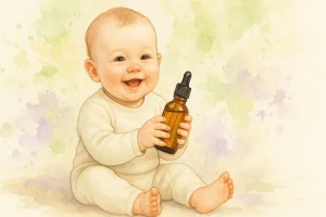 Glad baby med tøj der sidder og smiler mens han holder en amber flaske med pippette