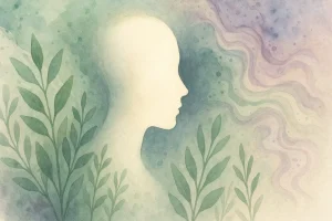 Glødende ansigtssilhuet omgivet af planter og bløde, olieagtige mønstre