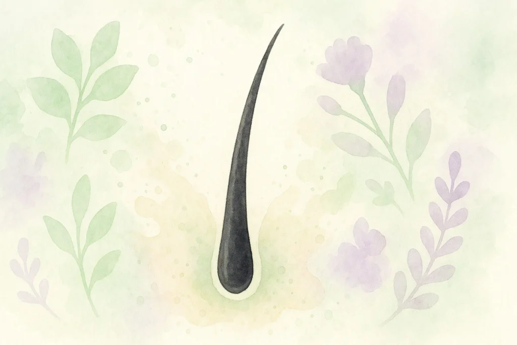 Hårstrå i centrum omgivet af silhuetter af blade og blomstermotiver i pastelgrøn og lilla