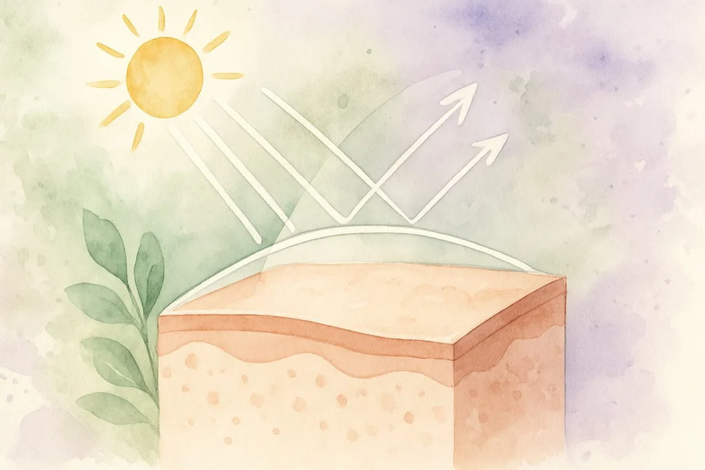 Hud i sollys, hvor en usynlig barriere reflekterer lysstråler