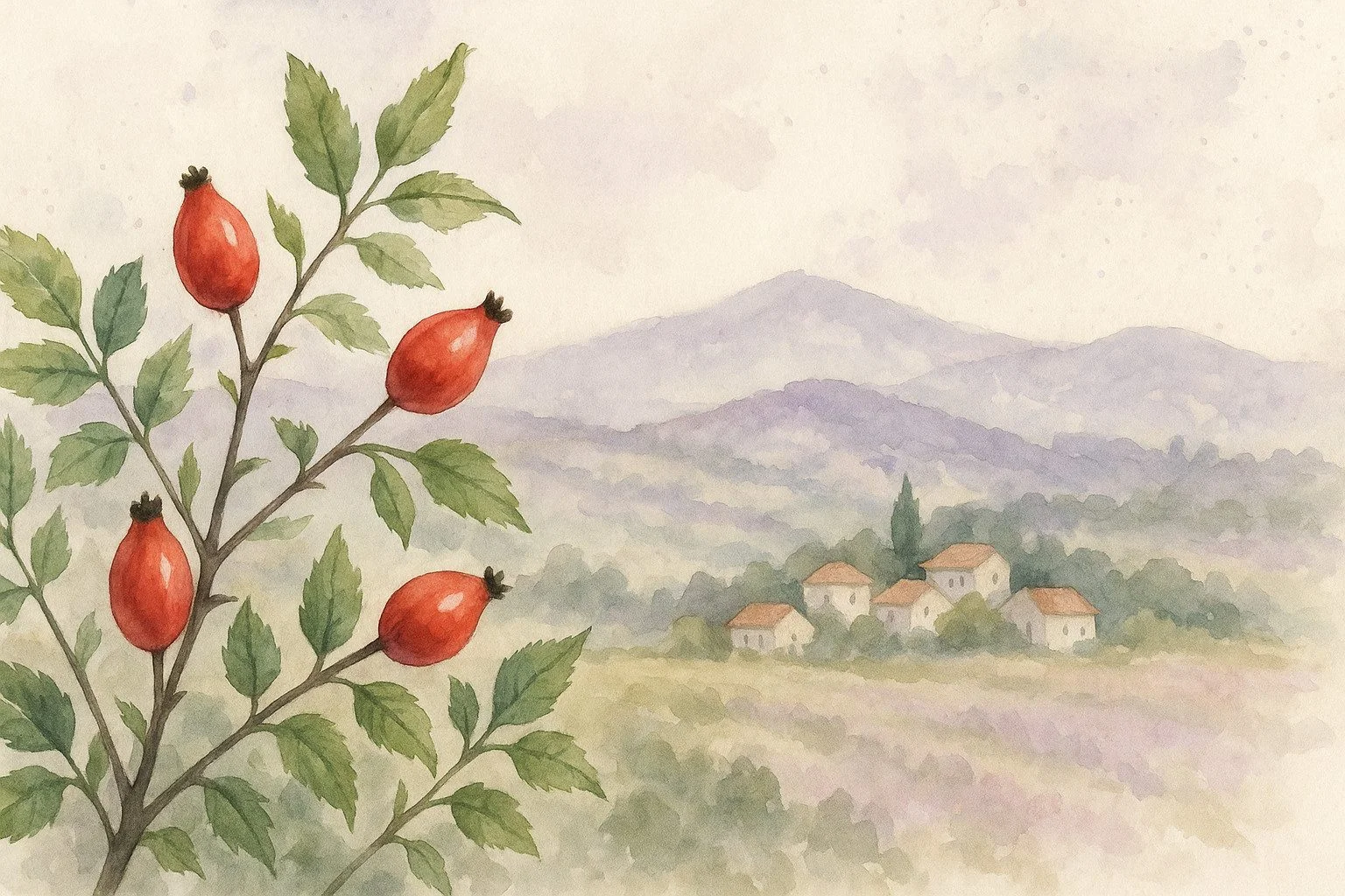 Hybenbusk med røde hyben i fokos, en bulgarisk provins i baggrunden