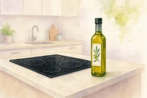 Køkken med en bordø med keramisk kogeplader og en unik olivenolie til madlavning