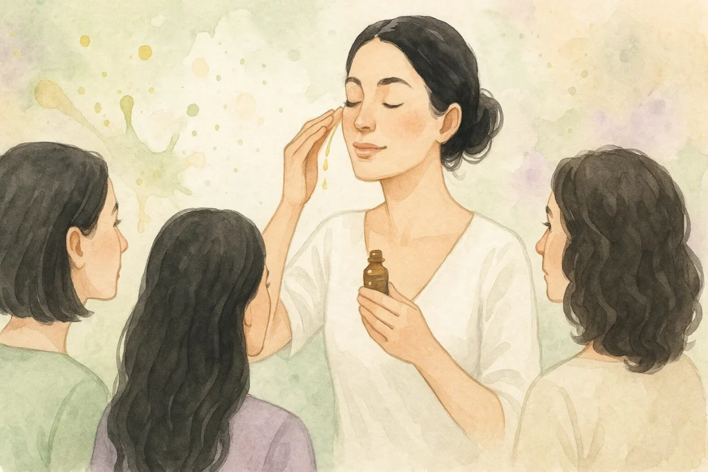 Kvinde viser andre hvordan man påfører naturlig olie til ansigtet