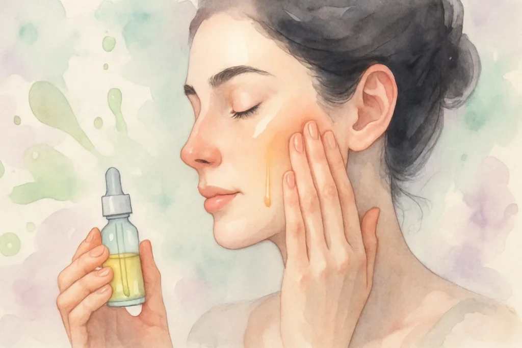 Kvindes hænder påfører olie på kinden