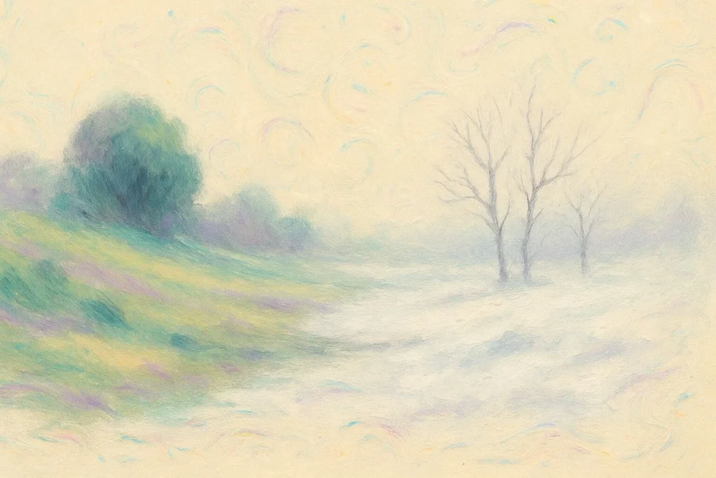 Landskab halv sommerhalv vinter, med en let olieagtig flimren over det hele og små oliestreger i bløde farver