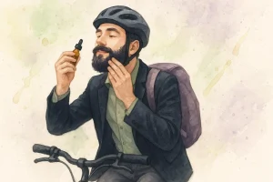 Mand der påfører olie til skægget mens han cykler på vej til arbejde