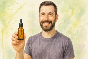 Mand med skæg holder stolt en olie amber flaske med pipette frem med et godt smil