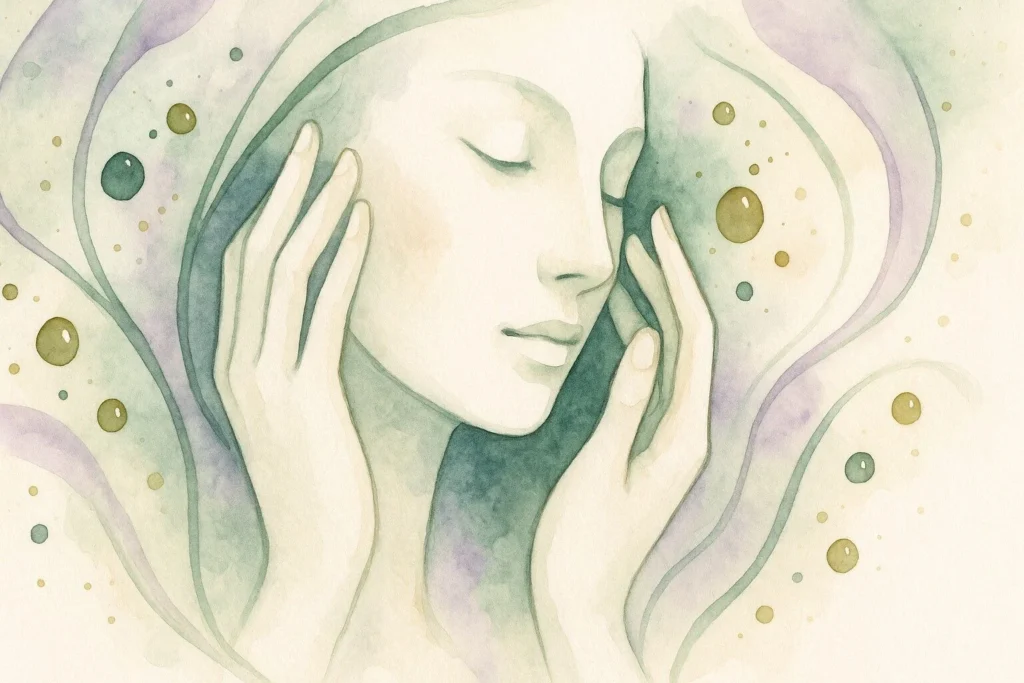 O hænder der rører let ved ansigtets kind, omgivet af organiske linjer og spredte oliedråber