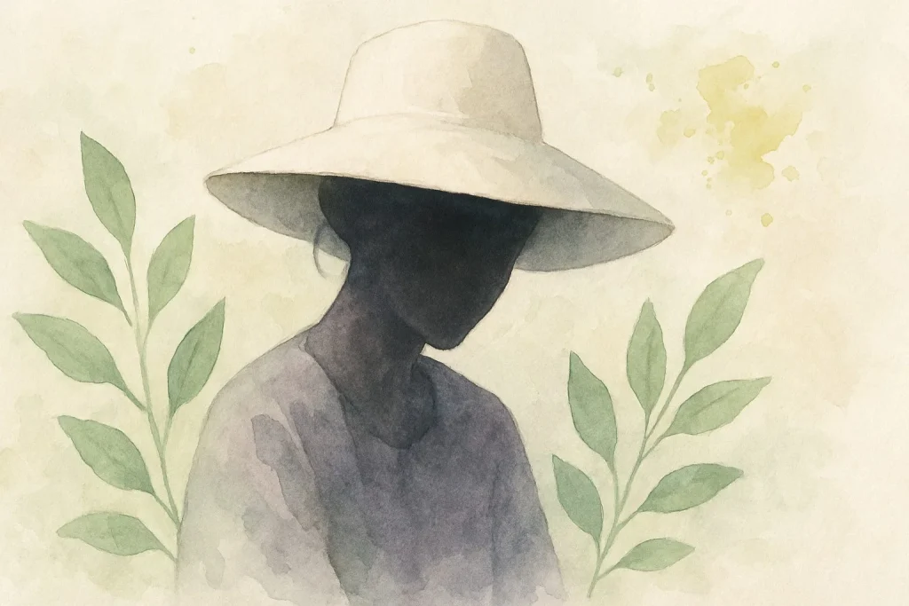 Roligt motiv af en person i skygge under en bred hat, med grønne blade og lette olie splashes i baggrunden