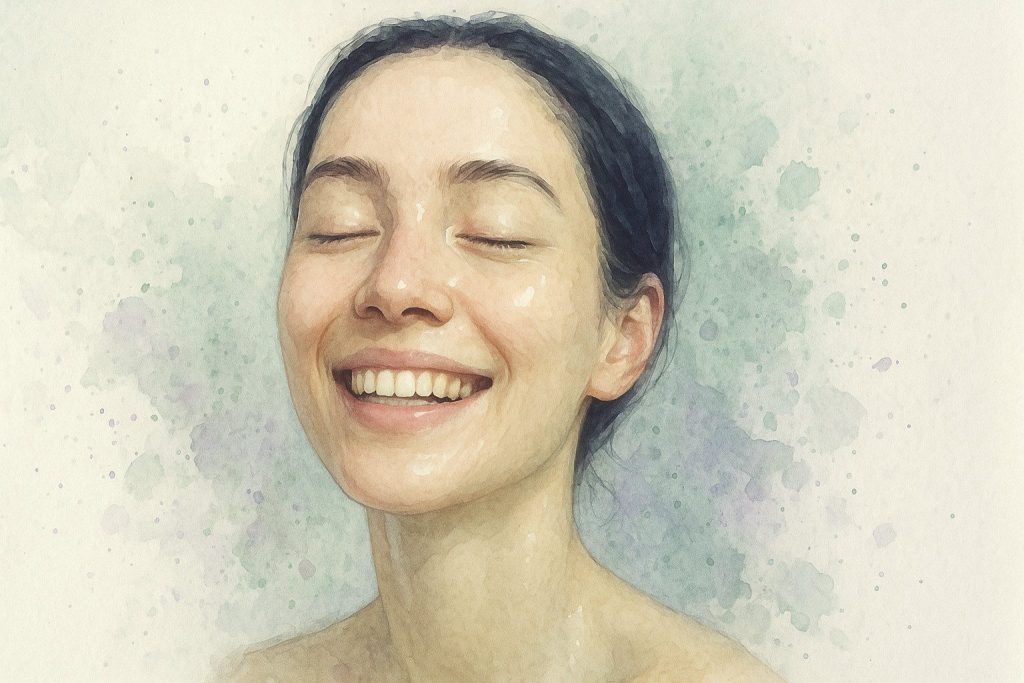 Roligt portræt efter rens hud ser fugtmættet og afbalanceret ud, uden makeup