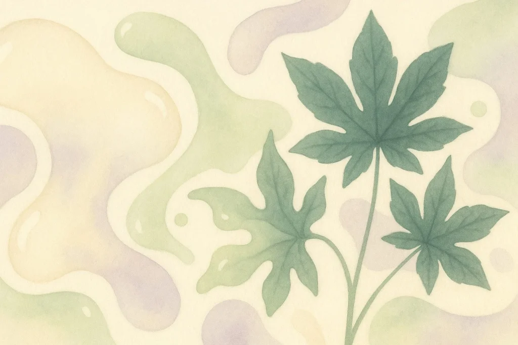 Silhuetten af ricinusblade og olieagtige flydende former