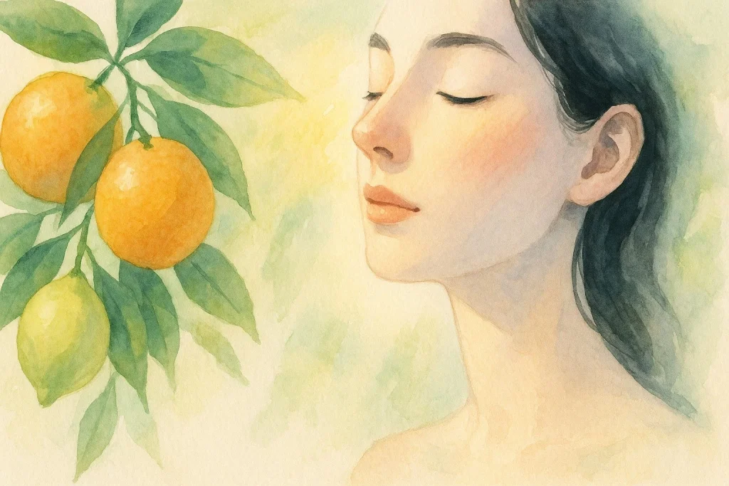 Sollys, der rammer en lys hudtone omgivet af citrusfrugter