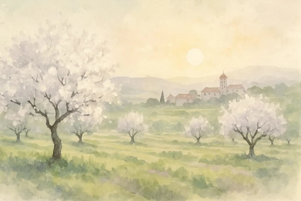 Udsyn over naturlige marker med mandeltræer i et idylisk samfund med solen i baggrunden