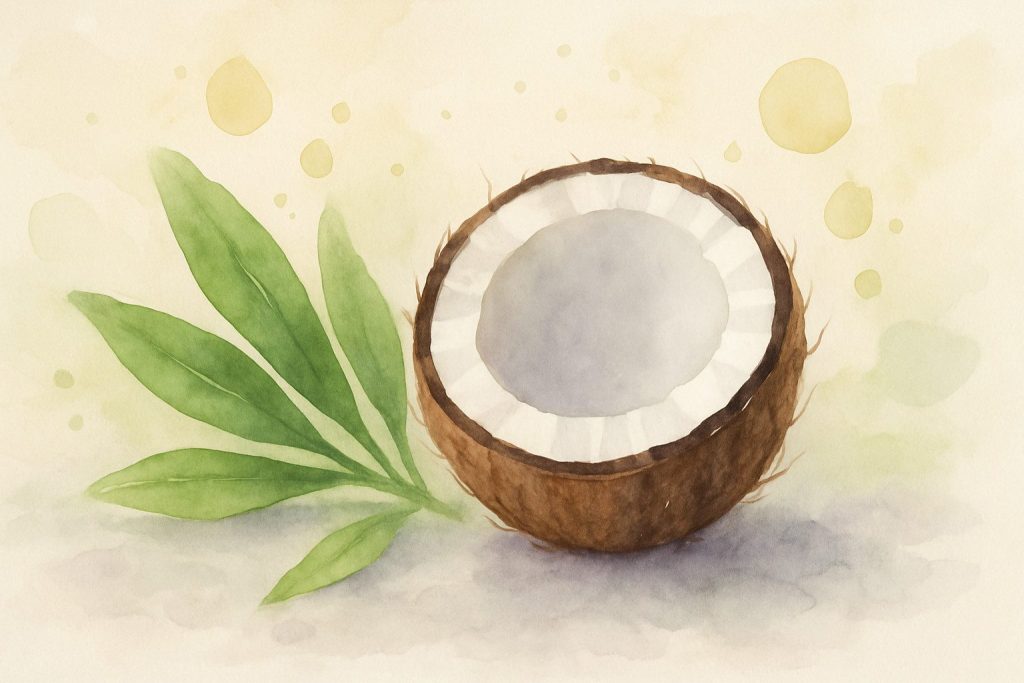 Åben kokosnød og grønne blade