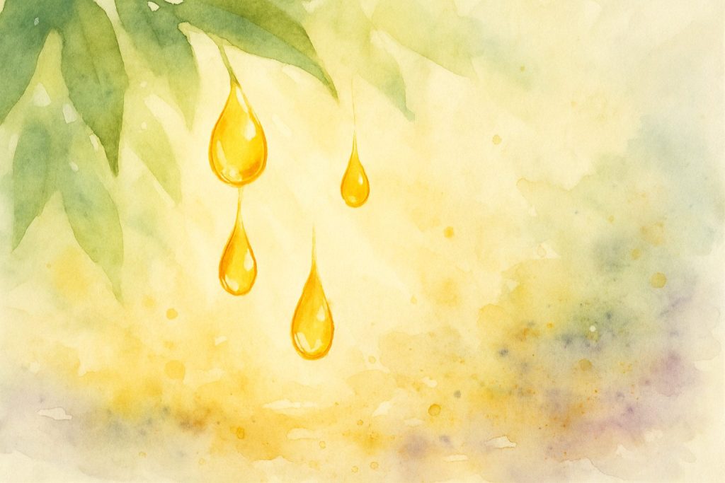 Dråber af gyldne olier set i sollys