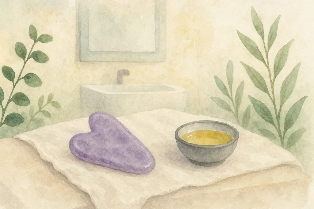 En Gua Sha sten og en lille skål olie på en hørdug, omgivet af grønne planter