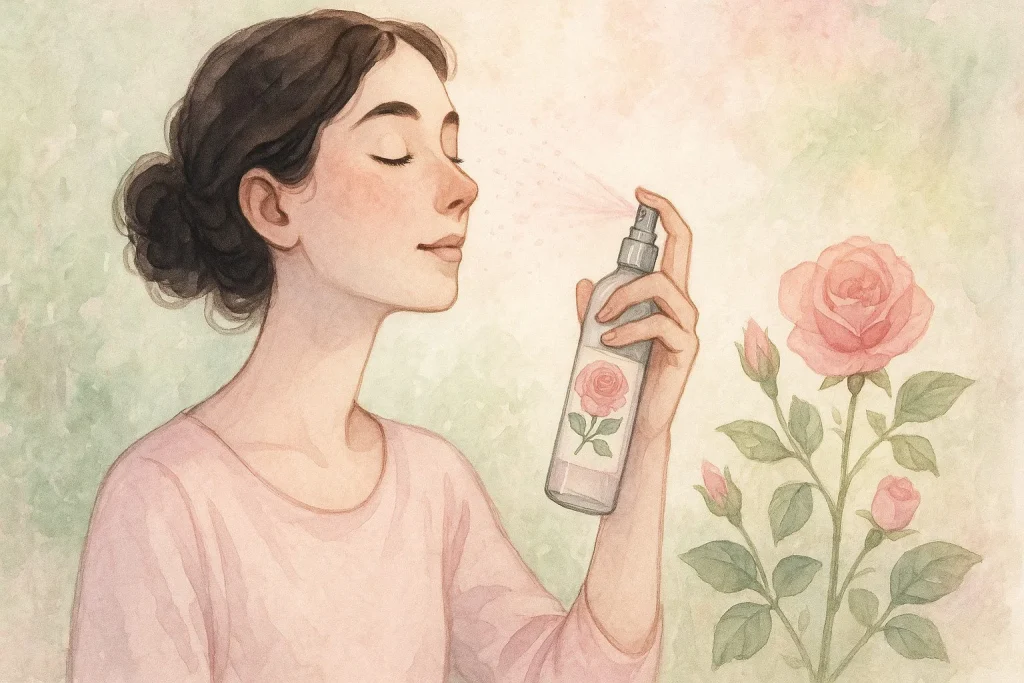 En kvinde, der sprayer rosenvand i ansigtet i et fredeligt morgenlys