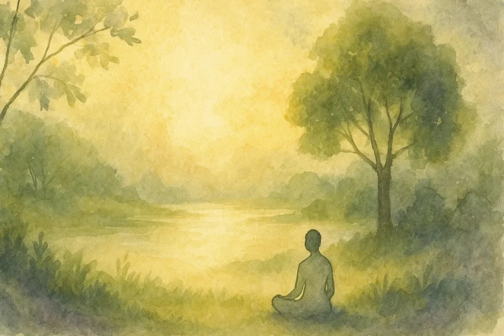 En meditativ scene i naturen med blødt lys, rolige former og en subtil gul farvepalette, der symboliserer Harachakraets varme energi