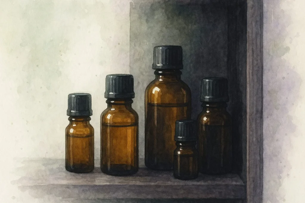 En samling amberfarvede æteriske olieflasker placeret i et mørkt træskab